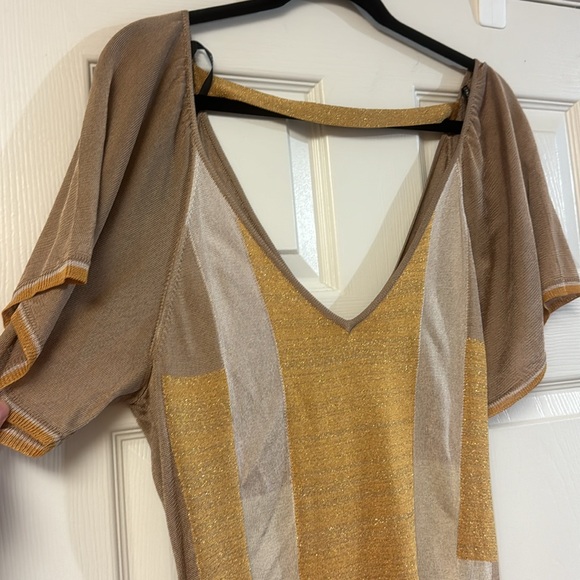 Bebe tan gold v neck short sleeve bodycon stretchy sweater tunic top dress L - Picture 3 of 11